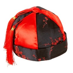 CHAPEAU CHINOIS ROUGE ET NOIR POMPOMS ROUGE