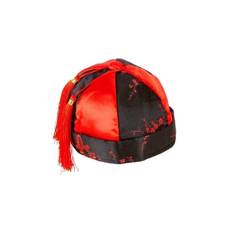 CHAPEAU CHINOIS ROUGE ET NOIR POMPOMS ROUGE