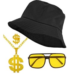 SET HIP HOP ANNEES 80- 90 BOB NOIR LUNETTES VERRES JAUNES COLLIER  BAGUE DOLLAR