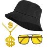 SET HIP HOP ANNEES 80- 90 BOB NOIR LUNETTES VERRES JAUNES COLLIER BAGUE DOLLAR