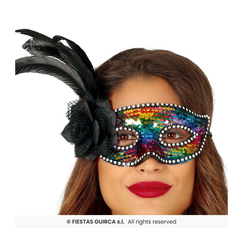 MASQUE LOUP SEQUIN MULTICOLORE PLUME DE COTE MASQUE LOUP SEQUIN MULTICOLORE PLUME DE COTE