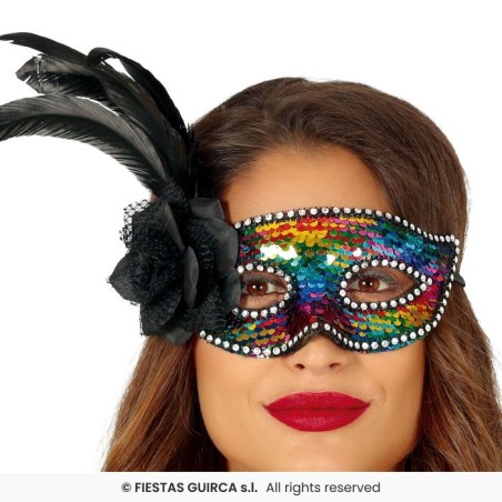 MASQUE LOUP SEQUIN MULTICOLORE PLUME DE COTE