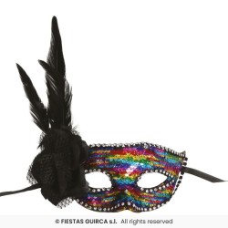 MASQUE LOUP SEQUIN MULTICOLORE PLUME DE COTE