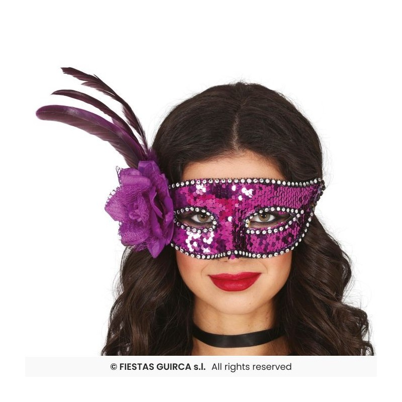 MASQUE LOUP SEQUIN VIOLET AVEC PLUMES SUR LE COTE MASQUE LOUP SEQUIN VIOLET AVEC PLUMES SUR LE COTE