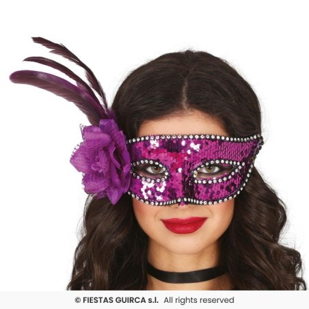 MASQUE LOUP SEQUIN VIOLET AVEC PLUMES SUR LE COTE