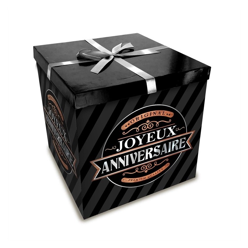 BOITE JOYEUX ANNIVERSAIRE NOIR ET OR   20 X 20 CM  BOITE JOYEUX ANNIVERSAIRE NOIR ET OR   20 X 20 CM