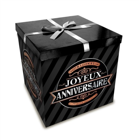 BOITE JOYEUX ANNIVERSAIRE NOIR ET OR   20 X 20 CM 
