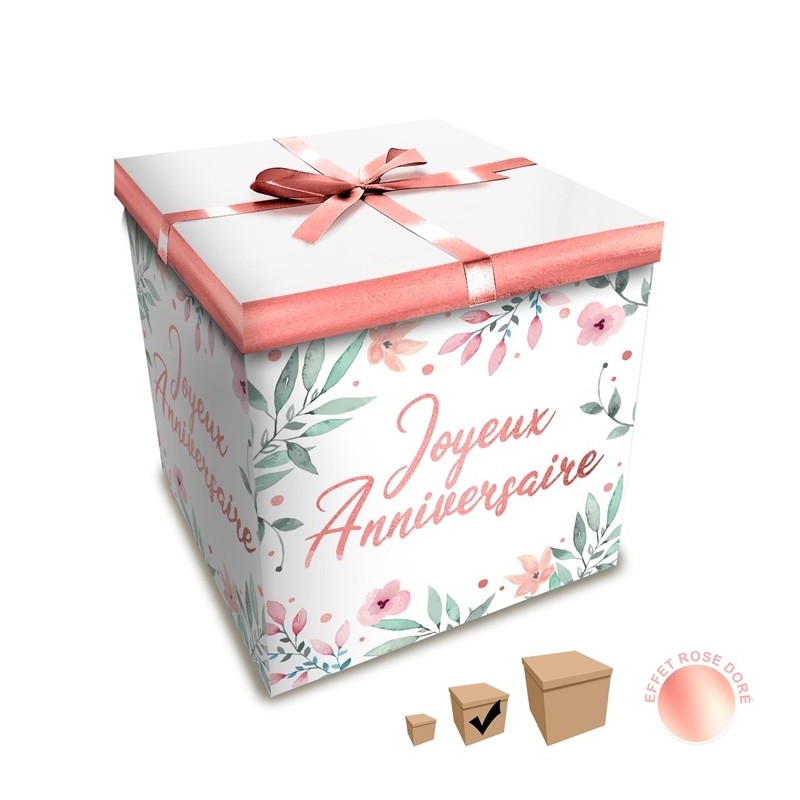 BOITE JOYEUX ANNIVERSAIRE ROSE GOLD FLEURI   20 X 20 CM  BOITE JOYEUX ANNIVERSAIRE ROSE GOLD FLEURI   20 X 20 CM