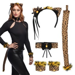 SET LEOPARD SERRE TETE TOUR DE COU 2 BRACELETS ET QUEUE