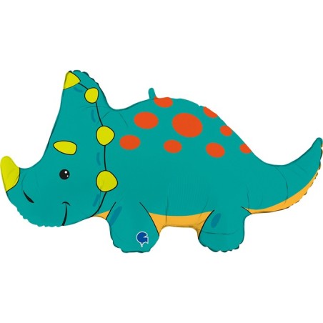 BALLON METALLIQUE DINOSAURE VERT A POIS ROUGE  TRICERATOPS 76 CM 