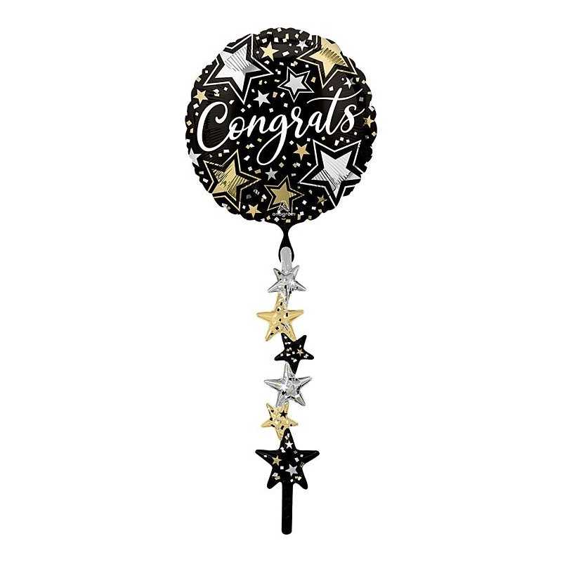 BALLON METALLIQUE ROND CONGRATS AIRWALWER NOIR OR ET ARGENT 60 X 170 CM 