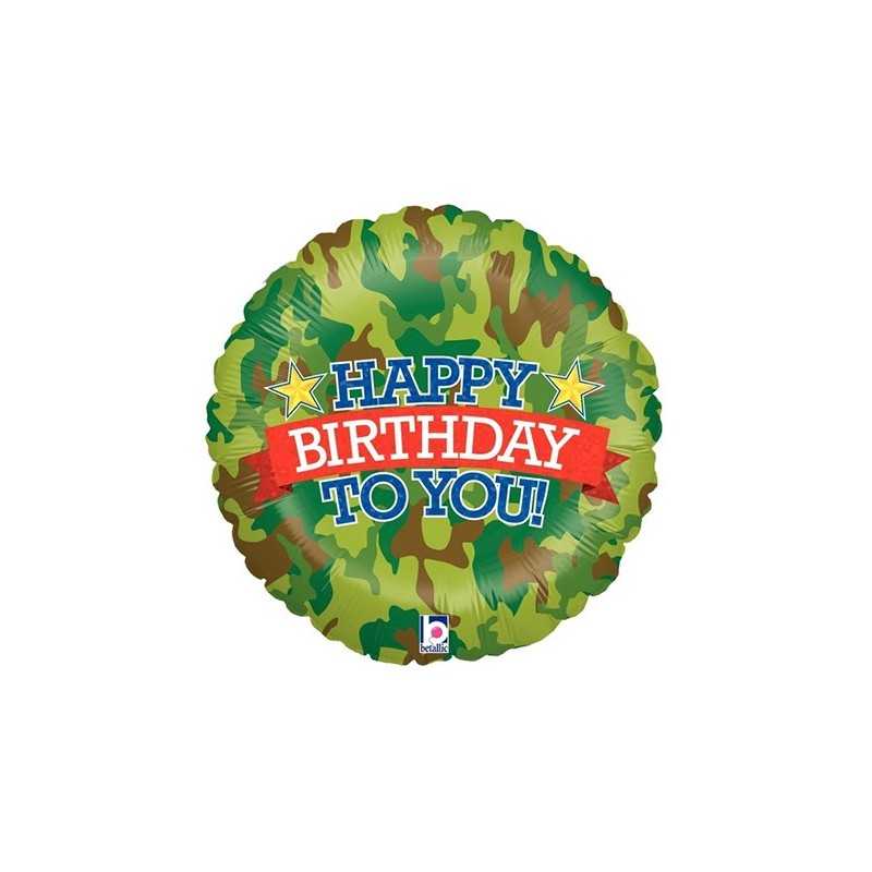 BALLON METALLIQUE ROND MILITAIRE HAPPY BIRTHDAY TO YOU ! 46 CM