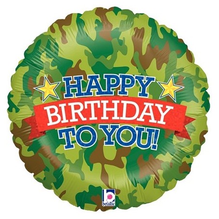 BALLON METALLIQUE ROND MILITAIRE HAPPY BIRTHDAY TO YOU ! 46 CM