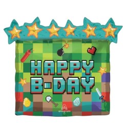 BALLON METALLIQUE VERT PIXEL HAPPY BIRTHDAY MINECRAFT 63 X 58 CM