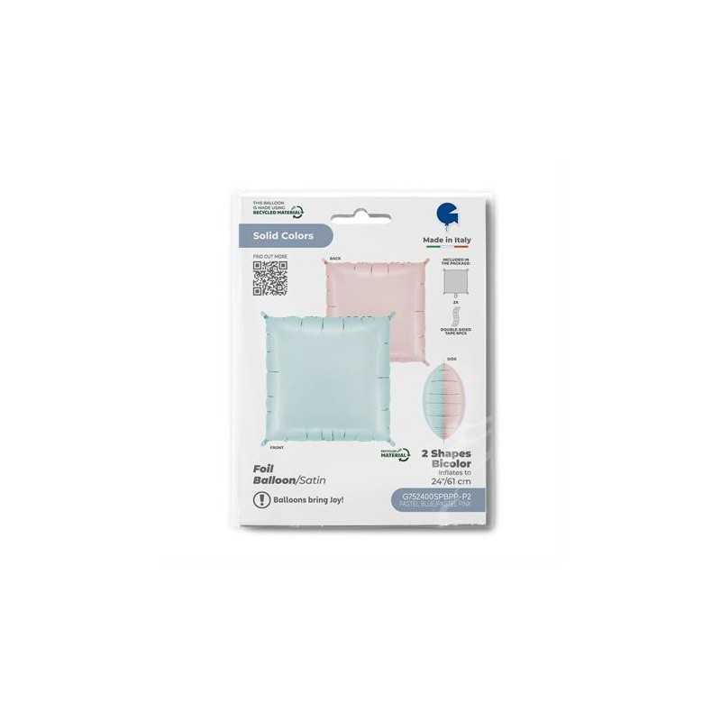 2 BALLONS METALLIQUES CARRES DE DECO BICOLORE BLEU PASTEL ET ROSE PASTEL