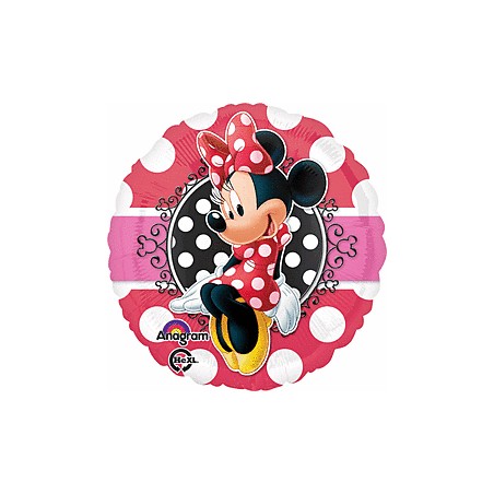 BALLON METALLIQUE MINNIE ROUGE ET ROSE  SUR FOND A POIS BLANC 43 CM 