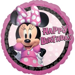 BALLON METALLIQUE ROND MINNIE ROSE HAPPY BIRTHDAY 43 CM 