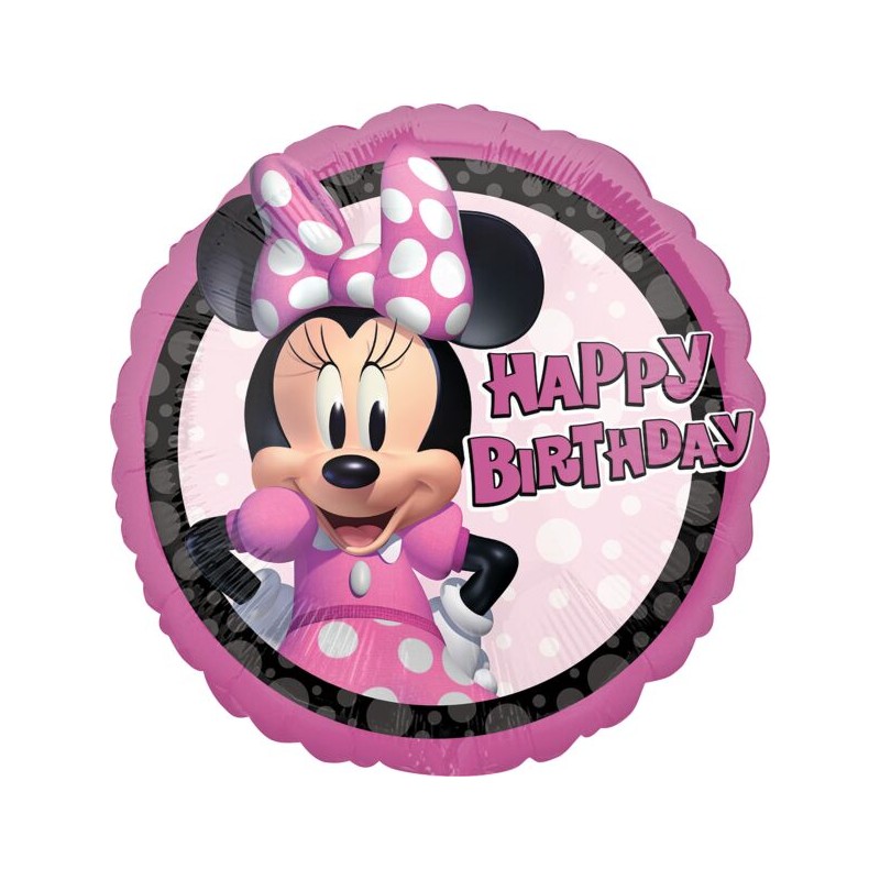 BALLON METALLIQUE ROND MINNIE ROSE HAPPY BIRTHDAY 43 CM 