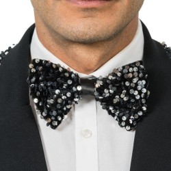 NOEUD PAPILLON VELOURS NOIR ET SEQUINS ARGENT