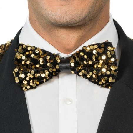 NOEUD PAPILLON VELOURS NOIR ET SEQUINS OR