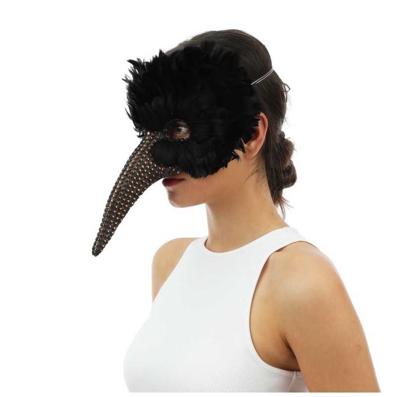 MASQUE LOUP OISEAU LUMES NOIRES LONG NEZ CLOUTE OR
