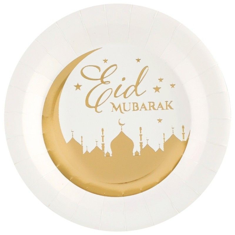 10 ASSIETTES  BLANCHE EID MUBARAK OR 22.5 CM