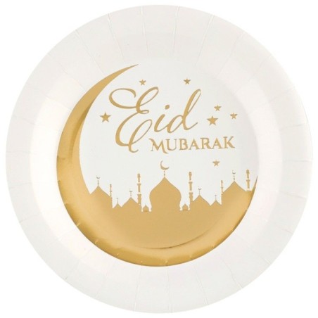 10 ASSIETTES  BLANCHE EID MUBARAK OR 22.5 CM