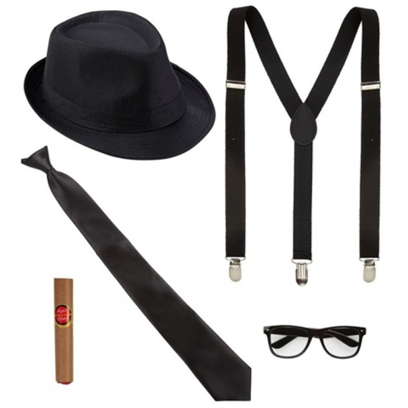 SET ANNEES 20 HOMME CHAPEAU+ CRAVATE+ BRETELLES+ CIGARE+ MOUSTACHES SET ANNEES 20 HOMME CHAPEAU+ CRAVATE+ BRETELLES+ CIGARE+ MOUSTACHES