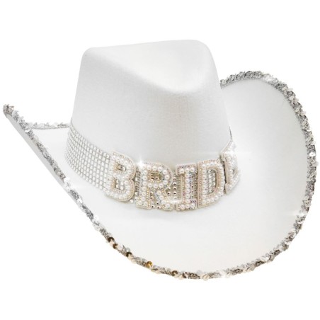 CHAPEAU COW BOY BLANC BRIDE AVEC PERLES 