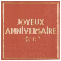 10 SERVIETTES ROUGE JOYEUX ANNIVERSAIRE OR 33 X 33 CM