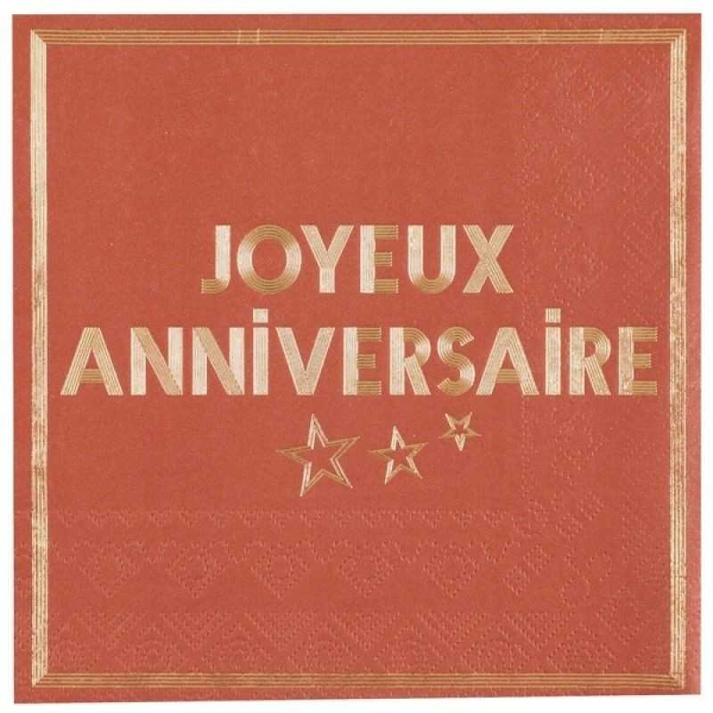 10 SERVIETTES ROUGE JOYEUX ANNIVERSAIRE OR 33 X 33 CM