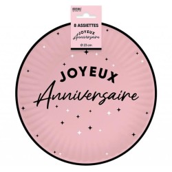 8 ASSIETTES JOYEUX ANNIVERSAIRE NOIR SUR FOND ROSE CLAIR 23 CM