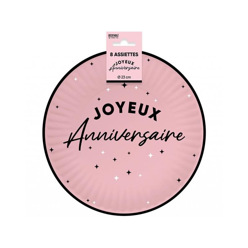 8 ASSIETTES JOYEUX ANNIVERSAIRE NOIR SUR FOND ROSE CLAIR 23 CM 8 ASSIETTES JOYEUX ANNIVERSAIRE NOIR SUR FOND ROSE CLAIR 23 CM