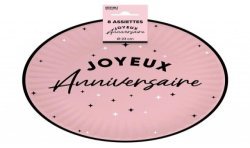 8 ASSIETTES JOYEUX ANNIVERSAIRE NOIR SUR FOND ROSE CLAIR 18 CM