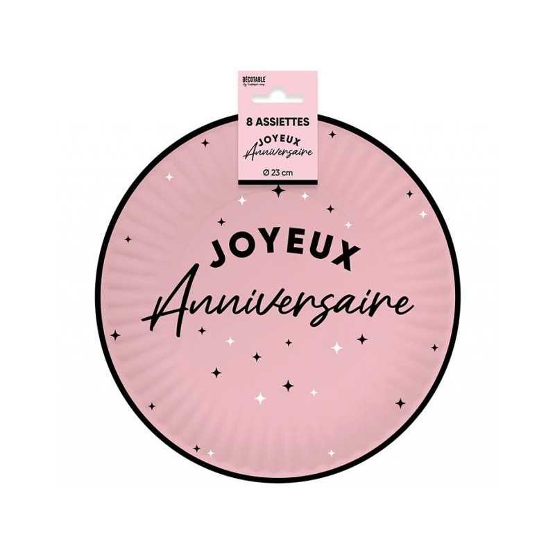 8 ASSIETTES JOYEUX ANNIVERSAIRE NOIR SUR FOND ROSE CLAIR 18 CM
