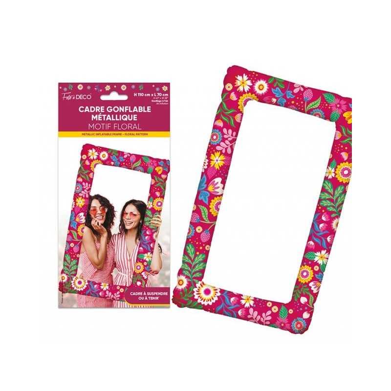 BALLON METALLIQUE CADRE ROSE FRAMBOISE DECOR FLORAL TROPICAL 70 X H 110 CM