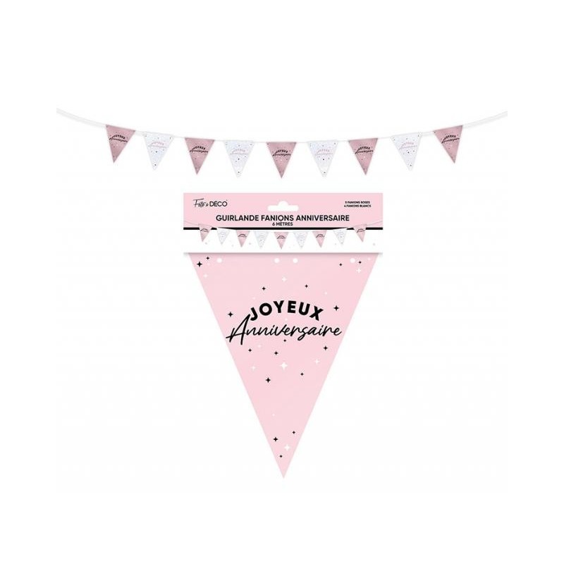 GUIRLANDE FANIONS JOYEUX ANNIVERSAIRE ROSE ET BLANC 6 METRES  GUIRLANDE FANIONS JOYEUX ANNIVERSAIRE ROSE ET BLANC 6 METRES
