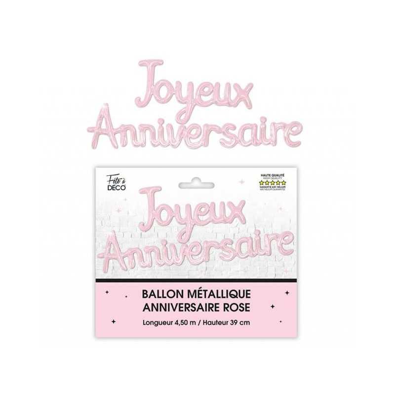 GUIRLANDE BALLONS METALLIQUES JOYEUX ANNIVERSAIRE ROSE CLAIR 4.50M X 39 CM