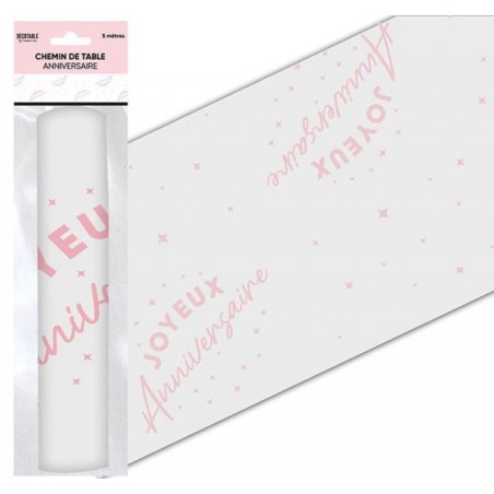 CHEMIN DE TABLE ORGANZA JOYEUX ANNIVERSAIRE 5 METRES ROSE CLAIR