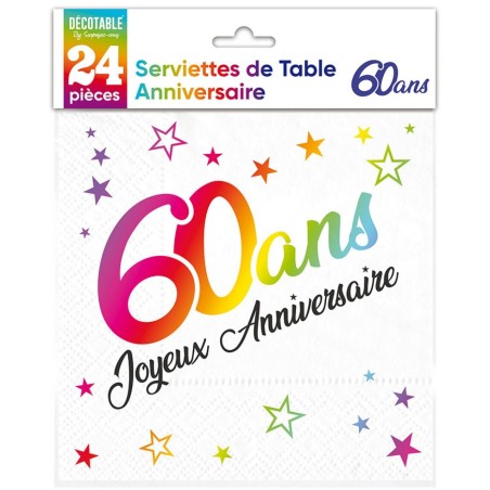24 SERVIETTES ANNIVERSAIRE 60 ANS MULTICOLORE SUR FOND BLANC 33 X 33 CM