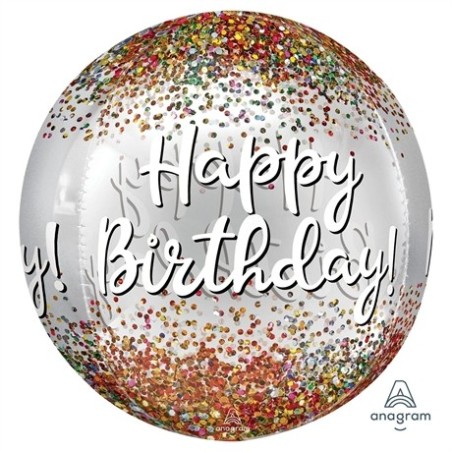 BALLON METALLIQUE ORBZ MULTICOLORE SEQUIN HAPPY BIRTHDAY BLANC 38 X 40 CM 