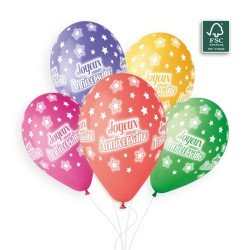 5 BALLONS BIO LATEX JOYEUX ANNIVERSAIRE MULTICOLORES 33 CM 