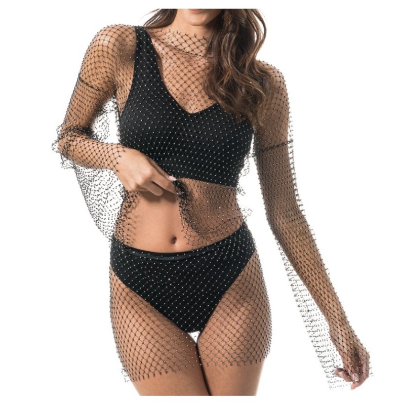 TOP FESTIVAL MAILLE RESILLE ET STRASS NOIR 