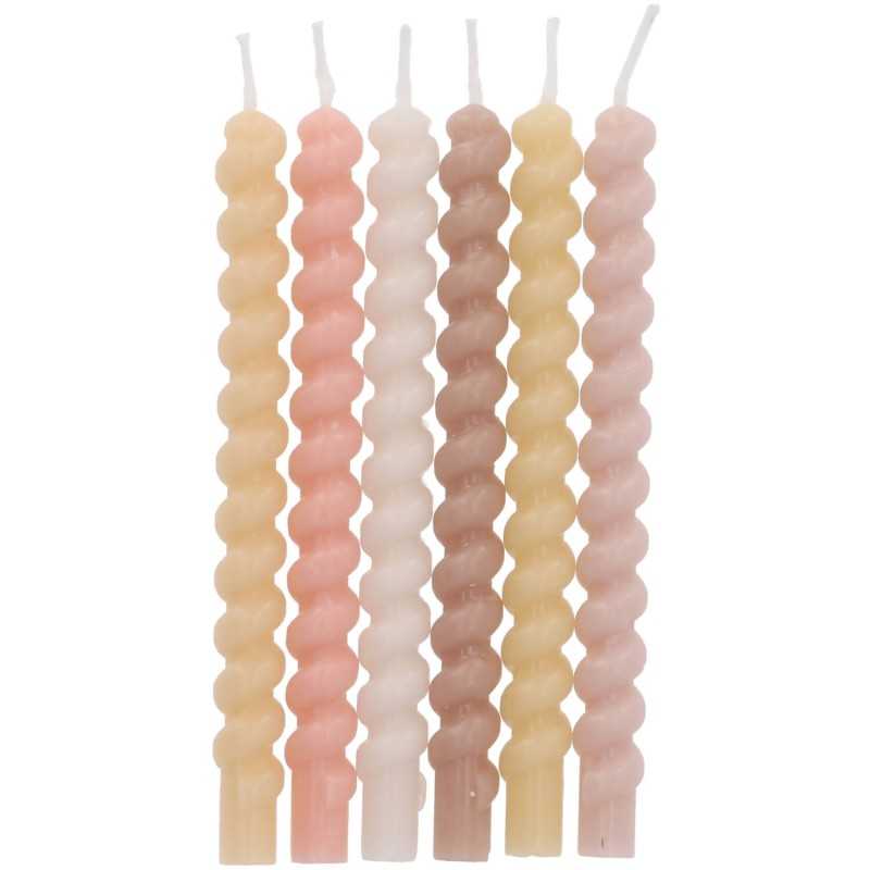 12 BOUGIES TORSADEES 10 CM COULEURS NATURELLES BLUSH NUDE VIEUX ROSE 