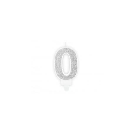 BOUGIE CHIFFRE 0 PAILLETTE ARGENT 7 CM