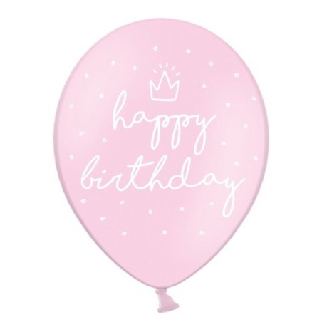 6 BALLONS BIO LATEX HAPPY BIRTHDAY COULEUR ROSE CLAIR ECRITURE BLANC 30 CM 