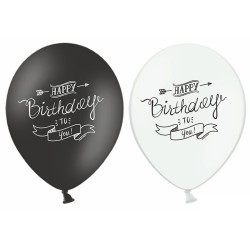 6 BALLONS BIO LATEX HAPPY BIRTHDAY NOIR ET BLANC 30 CM 