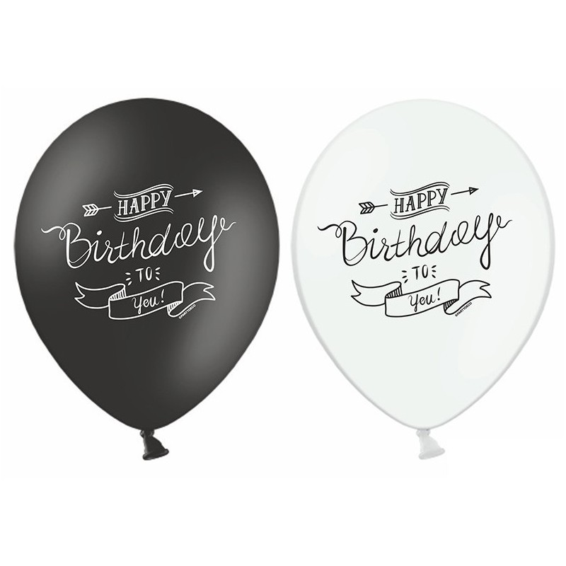6 BALLONS BIO LATEX HAPPY BIRTHDAY NOIR ET BLANC 30 CM  6 BALLONS BIO LATEX HAPPY BIRTHDAY NOIR ET BLANC 30 CM