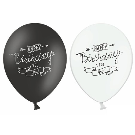 6 BALLONS BIO LATEX HAPPY BIRTHDAY NOIR ET BLANC 30 CM 