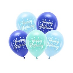 5 BALLONS BIO LATEX HAPPY BIRTHDAY DIFFERENTS BLEUS 26 CM 